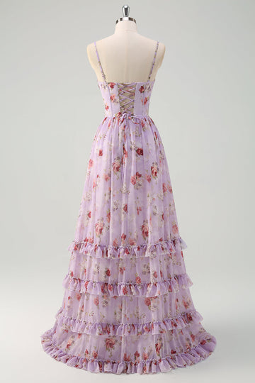 Grå lilla blomsterkorset A linje Spaghetti stropper brudepige kjole med slids